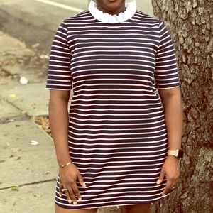 Navy striped shift dress with Victorian collar